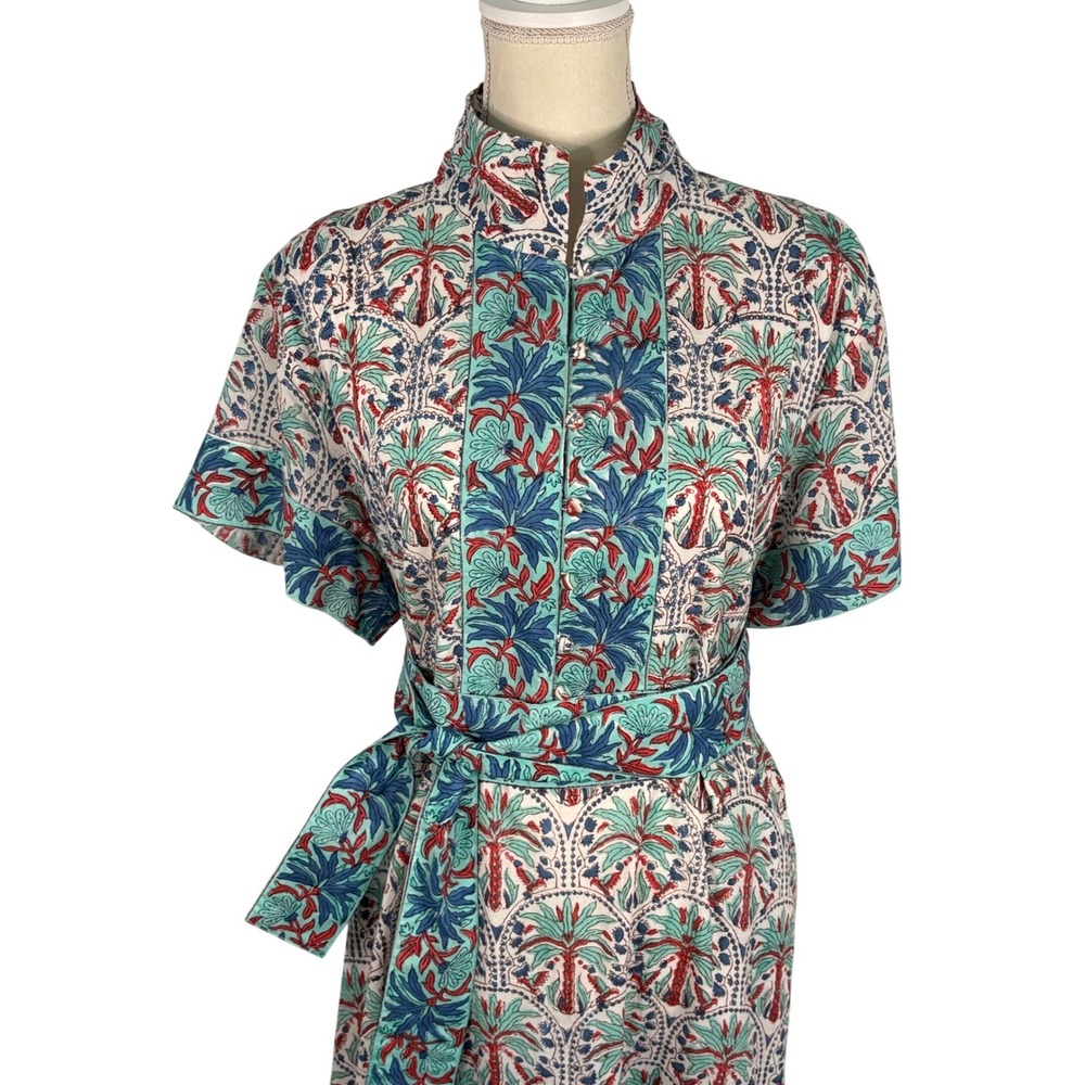 Victoria Dunn Block Print Palm Tree Midi Dress XL Teal Red Coastal Preppy Pocket
